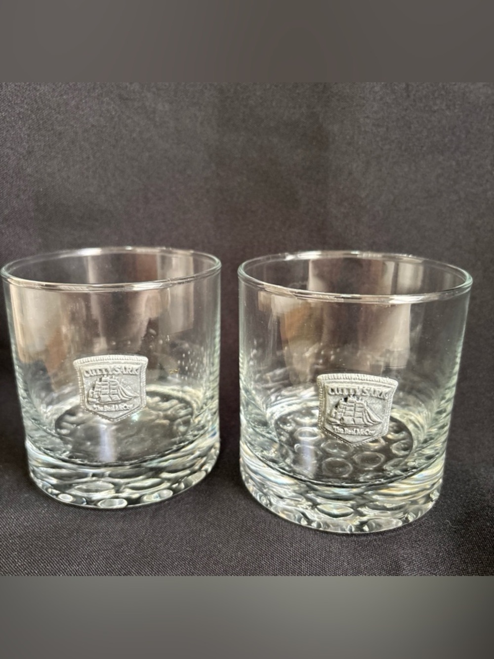 2 Cutty Sark Scotch Whiskey Pewter Logo Rocks Drink Glasses Dimpled Bottom